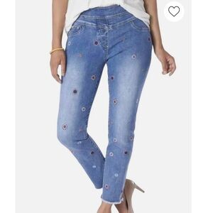 Coco + Carmen Asra Tummy Control Embroidered Denim Capris In Medium Wash